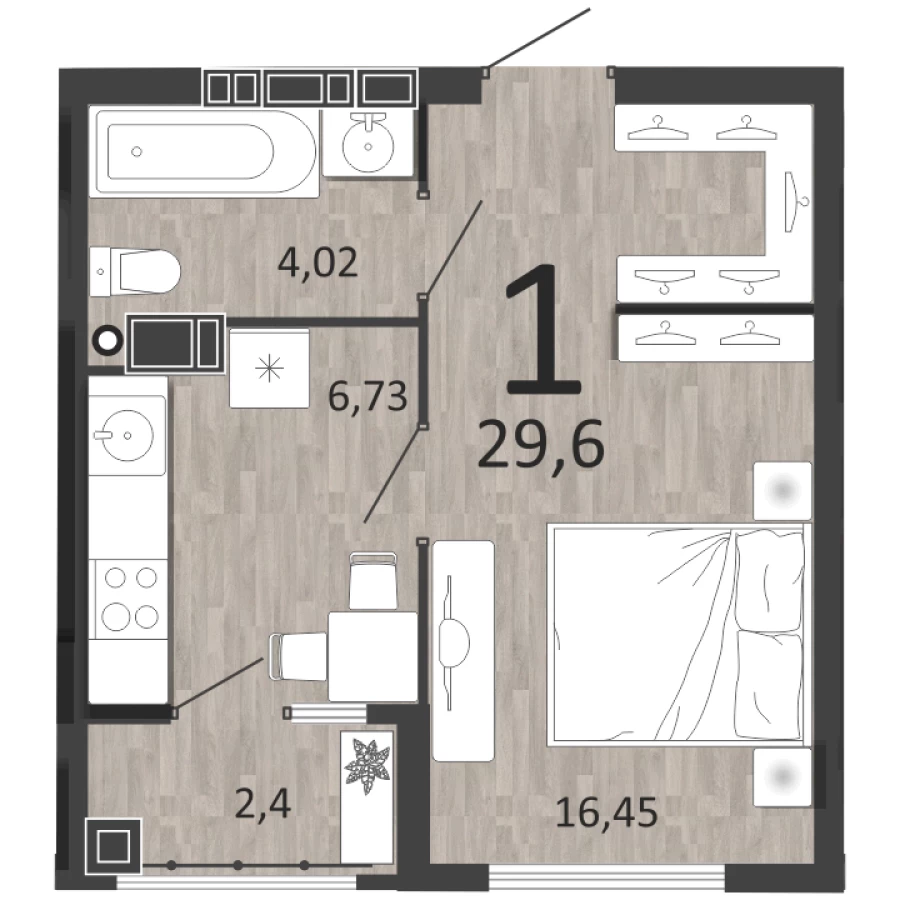 1-ая квартира в современном Жк с высокими потолками площадью 29,6 м2